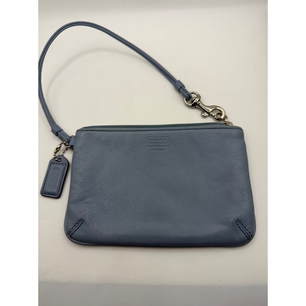 Coach Blue Leather Wristlet Pouch Bag Silver Hardware Logo 41589